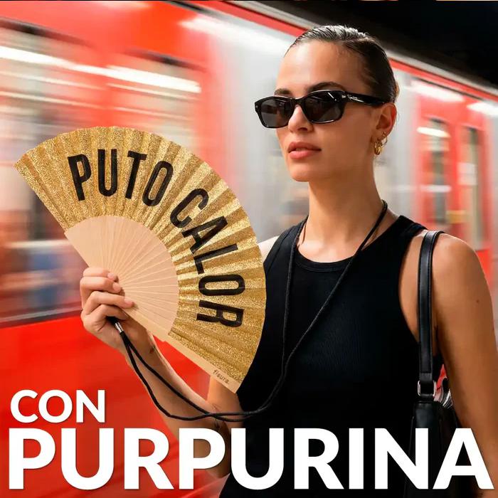 ABANICO PUTO CALOR PURPURINA DORADO